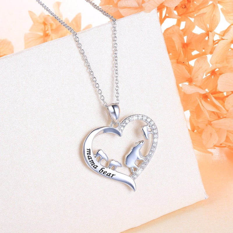 DAOCHONG Mama Bear Necklace S925 Sterling Silver Mama Bear with Cub Heart Pendant Necklace for Family (3 cubs) - Image 2